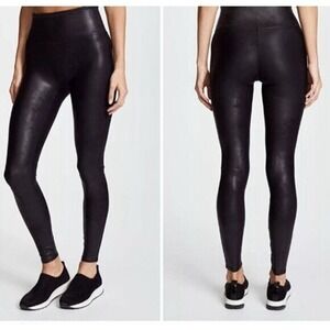 Spanx Women Ready to Wow Leggings Sz L Black Leather Like Tummy Control Stretch
